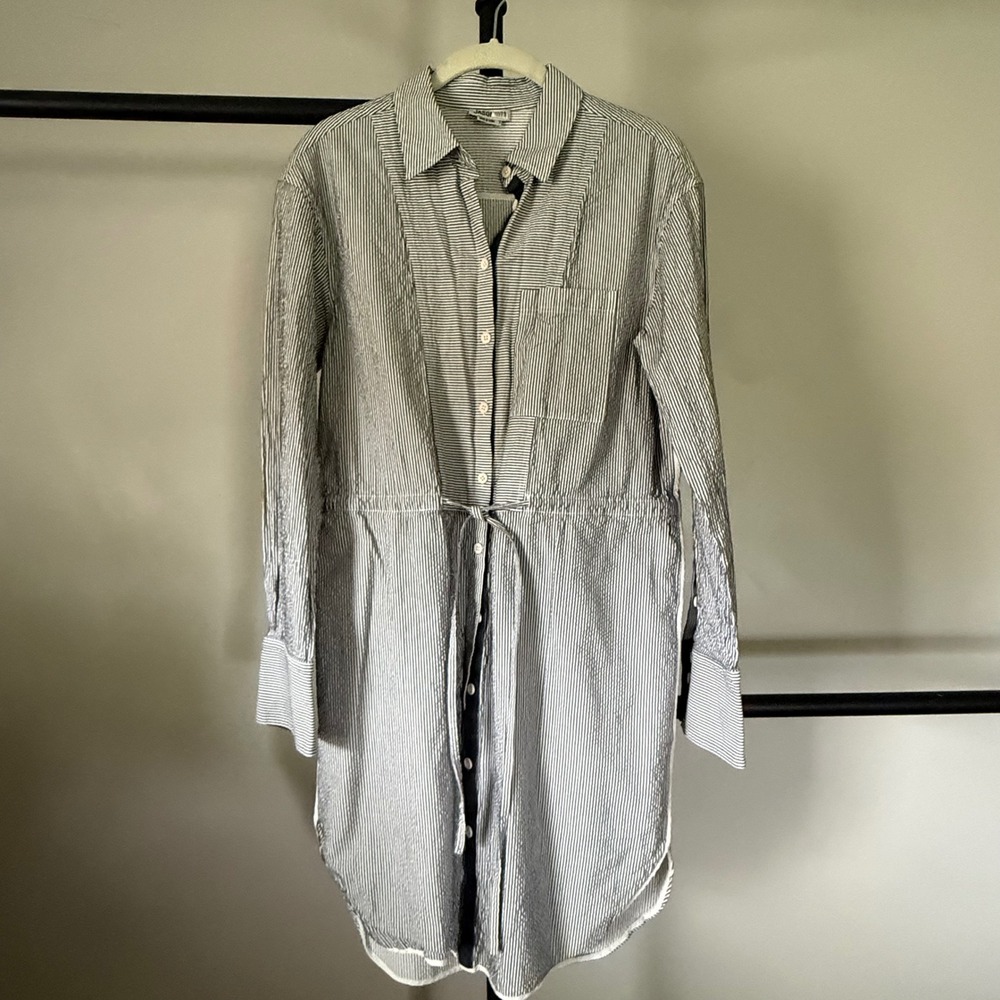 Jason Wu Blue White Striped Seersucker Shirt Dress 6 Drawstring Waist